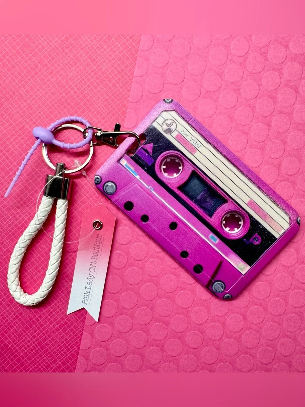 New Retro 80s 90s Style Cassette Tape Purple ID Card Holder & Woven Keychain